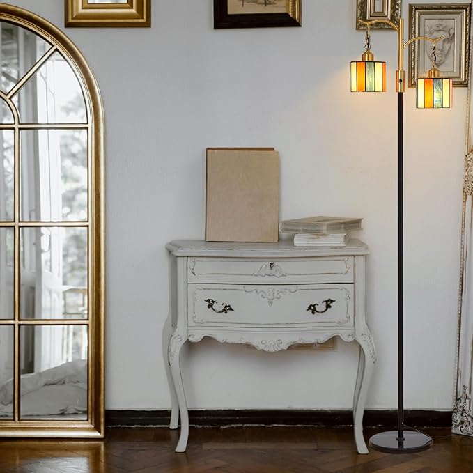 Vintage Dimmable Floor Lamp, Tiffany Standing Lamp with 2 Stained Glass Shades, Rustic Farmhouse Floor Lamp with Black and Gold Finish for Living Room Bedroom