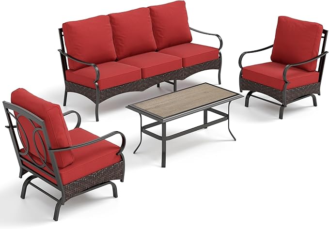 PHI VILLA Outdoor Modern Patio Furniture Set, Upgraded Wicker&Metal Patio Furniture Conversation Set with Waterproof Thick Cushions for Porch, Poolside, Deck, and Yard (4 Pieces,Red)