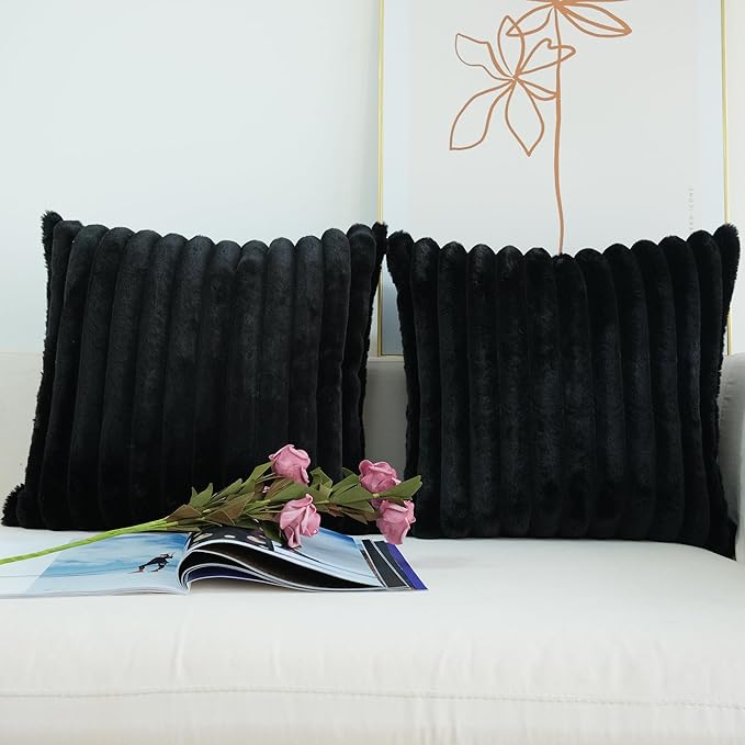 JOJUSIS Pack of 2 Faux Fur Plush Decorative Throw Pillow Covers Couch Cushion Case Soft Pillowcases (Black, 22 x 22-Inch)