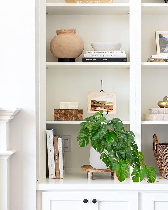 DILATATA Fake Plants Indoor 8 Inch Artificial Monstera Plant in White Ceramic Pot - Faux Potted Tropical Palm Plant for Home Aesthetic Decor Living Room Shelf Office