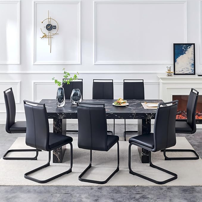 79" Marble Dining Table Set|Modern Dining Table Set with 8 Faux Leather Chairs|Engineered Wood with Marble Pattern Tabletop|Widened and Stable Tablelegs|Easy Assembly