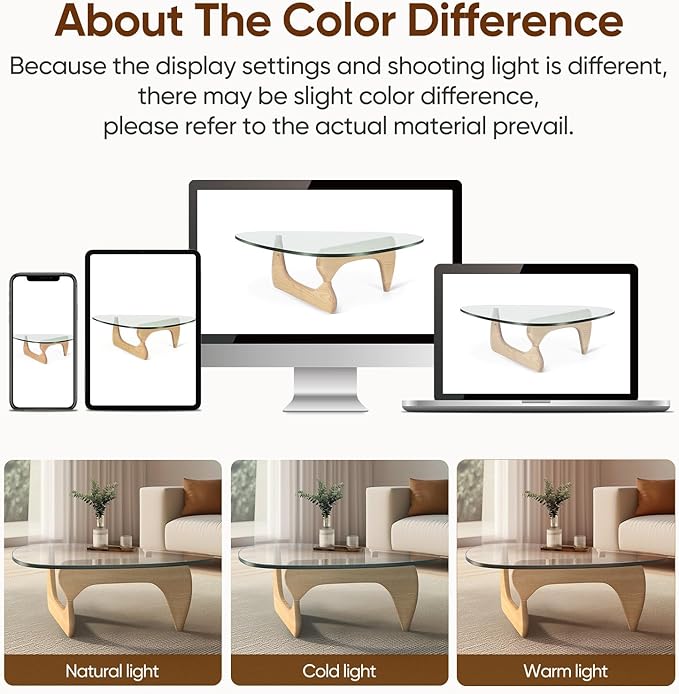 Triangle Glass Coffee Table with Solid Wood Base, 0.8'' Thick Clear Glass Top, 51'' Width Mid Century Modern Coffee Table for Living Room Bedroom Reception (Original Wood)