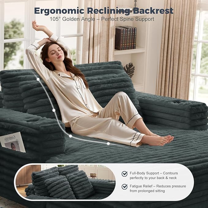 HUSFU 60'' Oversized Chaise Lounge Chair, Upholstered Sofa Bed, Sleeper Couch Reading Chairs with USB Port and Cup Holders,Comfy Cloud Sofas Couches for Living Room,Grey Blue