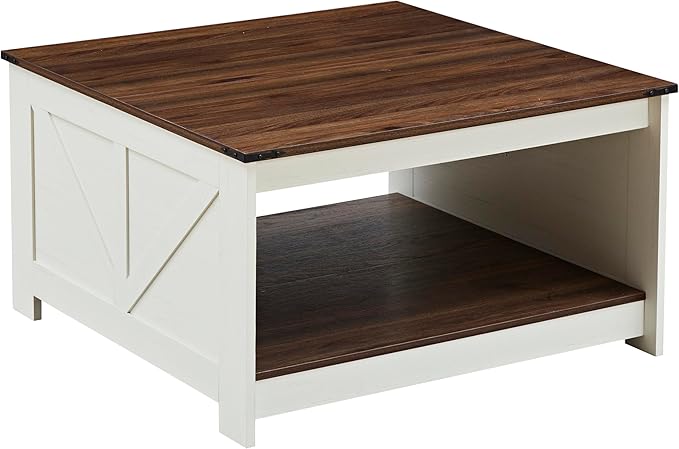 Farmhouse Coffee Table for Living Room, Wood Square Coffee Tables, 31.5" D x 31.5" W, Antique White