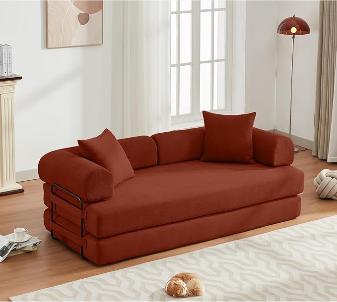 Convertible Sleeper Sofa Bed with Cylindrical Pillow, Corduroy Folding Boneless Couch with Fixed-Shape Frame, Floor Sofa Lounge Couch for Living Room Bedroom Lounge Studio-Ancora Red