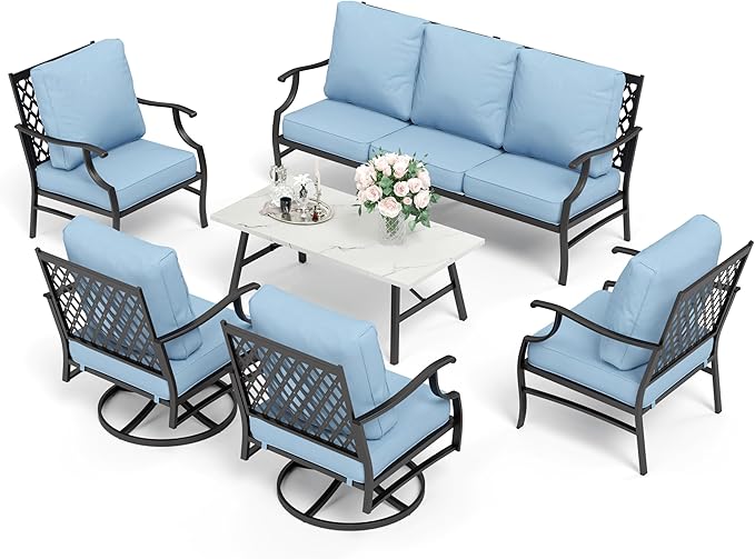 HERA'S HOUSE 6 Piece Patio Furniture Set, 2 x Swivel Chair, 2 x Fixed Chair, 1 x 3-Seat Sofa with Marbling Coffee Table, All Weather Outdoor Conversation Set for Lawn Garden Backyard, Blue