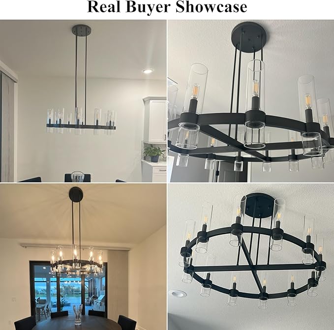 12 Light Black Round Chandelier 36'' Wagon Wheel Chandeliers for Dining Room Light Fixture Clear Glass Tube Chandelier Modern Farmhouse Chandeliers for Living Room Bedroom, Bulb Included