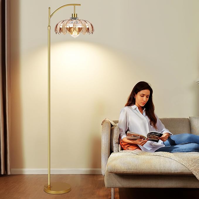 Gold Floor Lamp for Living Room,Bedroom,Mid Century Modern Standing Lamp with Remote,Dimmable Brass Tall Lamp Amber Glass Vintage Retro Arc Floor Lamps Flower Floor Light Boho Bohemian