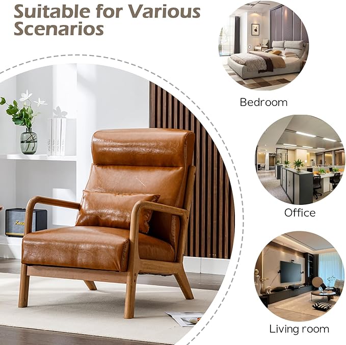 INZOY Mid Century Modern Accent Chair Set of 2, High Back Reading Armchair with Wood Frame, PU Leather Living Room Chairs with Waist Cushion, Single Lounge Arm Chair for Bedroom Sunroom, Camel