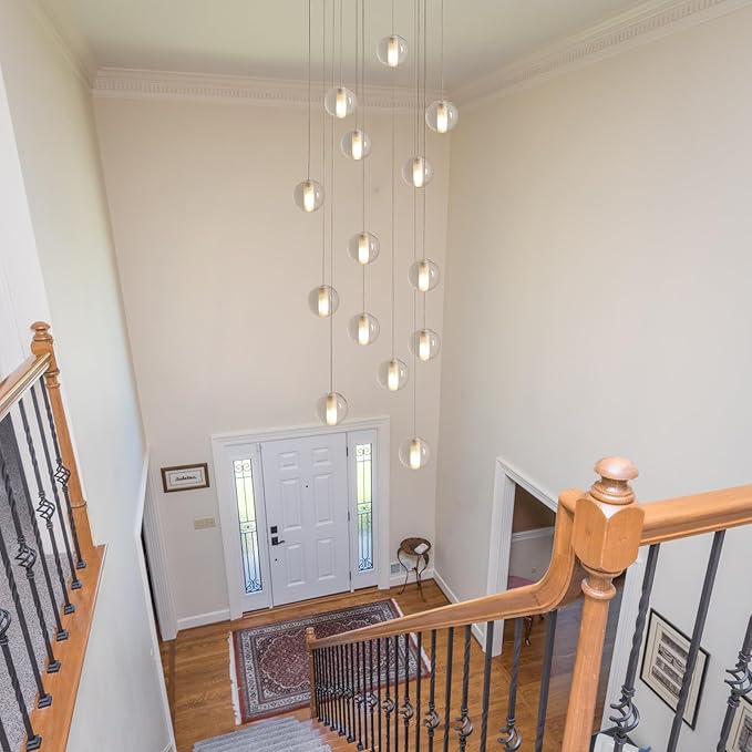 14 Lights Black Staircase Chandelier for High Ceiling, Dimmable Modern Crystal Raindrop Large Long Hanging Pendant Light for Stairwell Living Room Stair Foyer, Bulbs Included