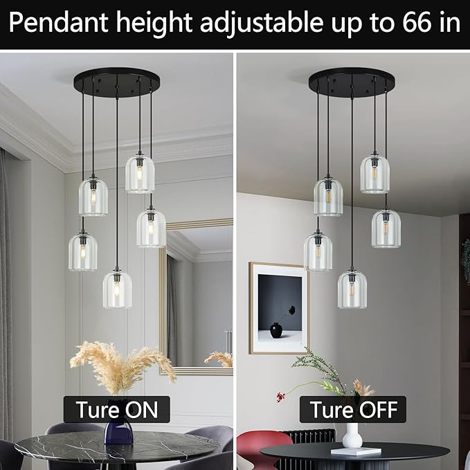 Modern Black Pendant Lights Kitchen Island Ceiling Chandelier Indoor Crystal Hanging Light Fixtures for Dining Room Kitchen Living Room Bedroom(5Light)
