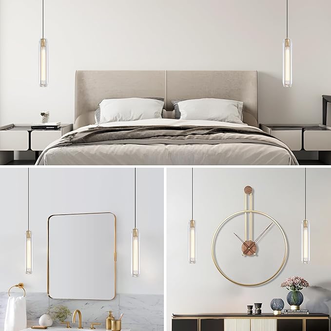 Modern K9 Crystal Pendant Light 2 Pack,14.95'' Clear and Gold Island Pendant Lights,Kitchen Crystal Light Pendant,Bar Pendant Lights,for Kitchen Dining Bathroom Bedroom