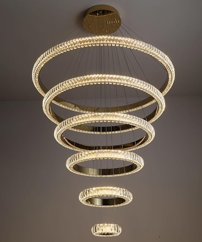 47" 6 Ring Crystal Chandelier Modern LED Dimmable Ring Pendant Light Chandelier for Dining Room Living Room Gold