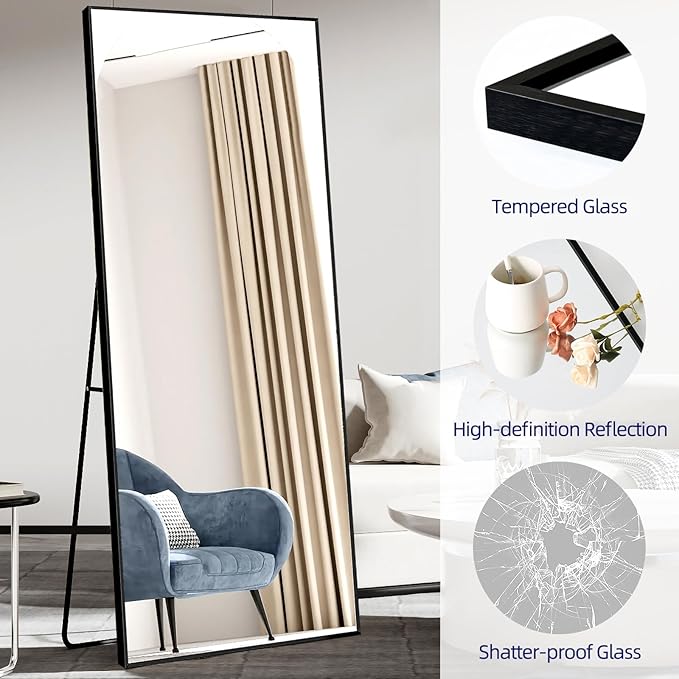 71"x32"Full Length Mirror with Stand,Black Large Mirror,Shatterproof Tempered Glass&Aluminum Alloy Frame,Freestanding Full Body Mirrorr for Bedroom,Living Room, Dressing Room