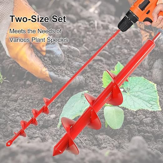 Auger Drill Bit for Planting Set of 2, Garden Ground Earth Spiral Drill Bit for 3/8" Hex Drive Drill, for Post Hole Digger Bulb Bedding Digging Plant Rapid Planter