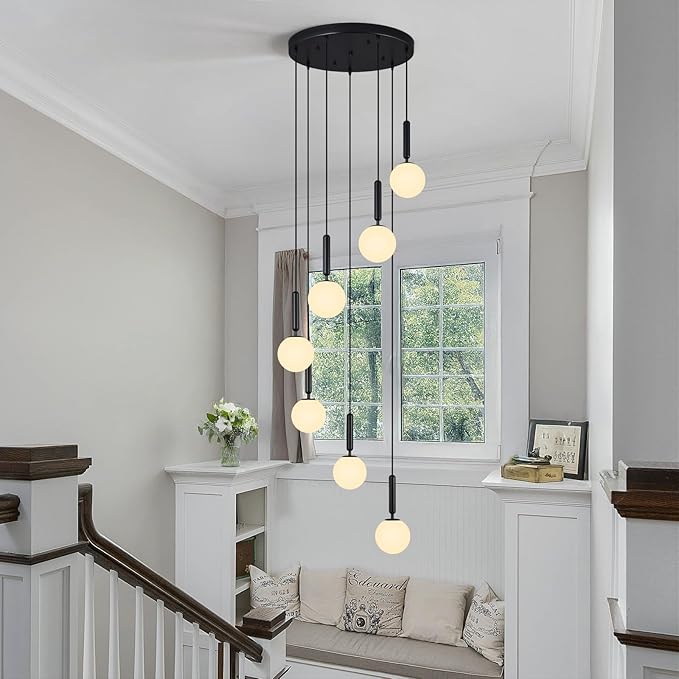 7-Lights Black Chandelier with Milk White Glass Hanging Fixture Light for Kitchen Island Mid Century Modern Globe Pendant Light for Foyer Living Room Entryway Hallway