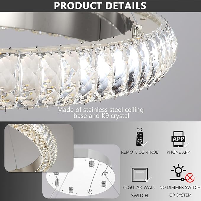 24" Ring Modern LED Dimmable Crystal Chandelier Adjustable Height Pendant Light Round Crystal Chandelier Light Fixtures for Dining Room Living Room Kitchen Island Silver