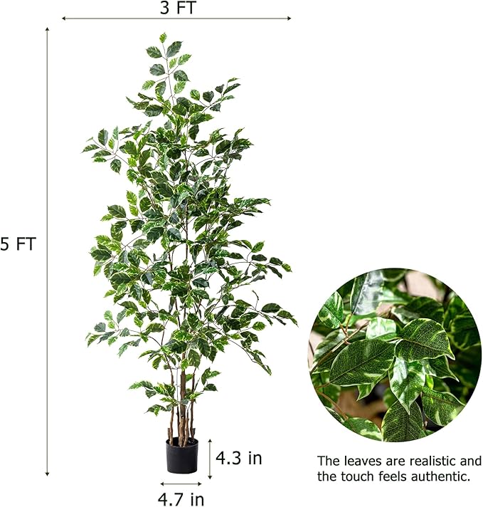 Artificial Ficus Tree Indoor 5ft, Large Potted Faux Tree with Realistic Silk Leaves & Trunk for Home Office, Living Room Corner Decor