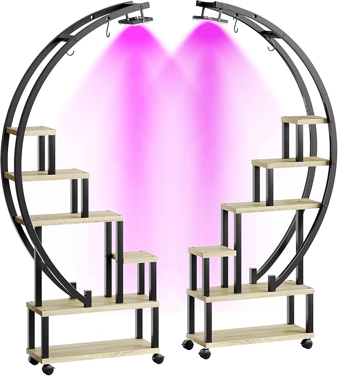 Bestier Plant Stand Indoor with Grow Lights, 6 Tiered Metal Plant Shelf with Wheels for Plants Multiple, Half-Moon Shape Plant Rack Display Shelf, Large Plant Holder for Home, Patio, Balcony (2 Pcs, Oak)