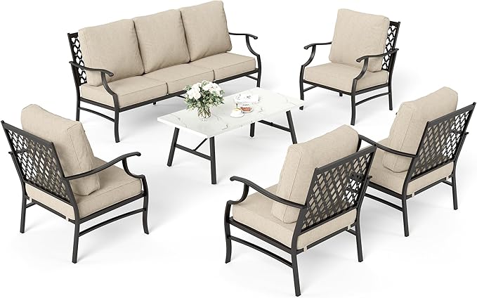 6 Piece Metal Outdoor Patio Furniture Set, Patio Conversation Sets 1 3-Seater Sofa, 4 Fixed Chairs with 5.75" Thick Cushion and Coffee Table, Backyard Furniture Set for Deck, Beige