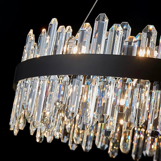 Round Modern Crystal Chandelier, Black Luxury K9 Crystal Raindrop Chandelier, Adjustable Height Pendant Ceiling Light for Dining Living Room Kitchen Island D30
