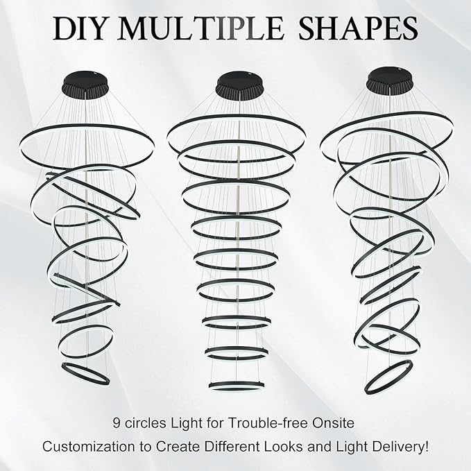 9-Rings D39.4’’ Modern LED Chandelier Black Dimmable High Ceiling Foyer Chandeliers Entryway with Remote Control for Staircase Entryway Living Room Foyer, 3000K-6500K