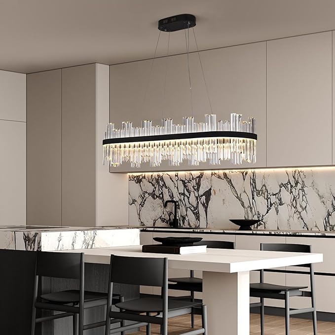 Black Led Modern Crystal Chandelier: 39.3" Rectangle Linear 3 Color Dimmable Chandeliers for Dining Room Over Table - Luxury Rectangular Contemporary Oval Light Fixture for Living Room Bedroom Foyer