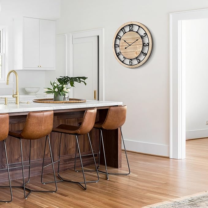 LEIKE 20 Inch Large Wall Clock - Rustic Wooden Silent Non-Ticking Wall Clock with Black Metal Frame, Vintage Farmhouse Decorative for Living Room, Bedroom, Kitchen - Arabic Numerals, Modern Design