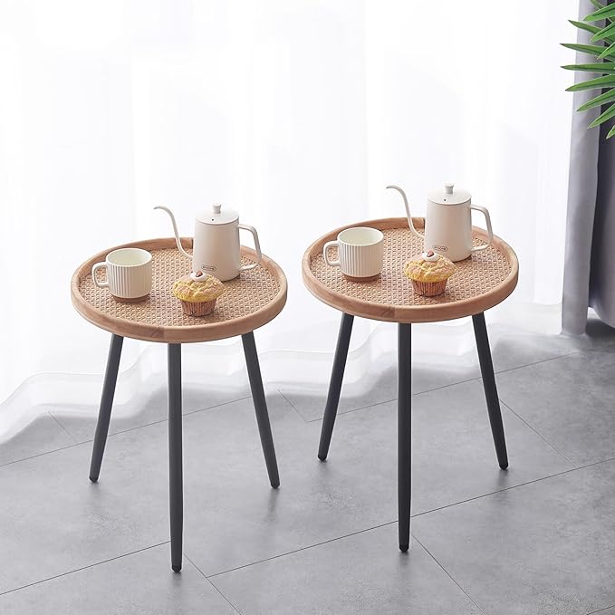 Tiita 2 Pack Rattan Round End Table Mental Side Table Nightstand/Small Wood Tables Accent Coffee Table with Wooden Tray for Living Room Bedroom Office Small Space