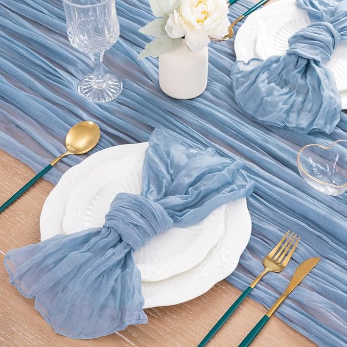 MLMC Dusty Blue Table Runner 10ft Boho Gauze Blue Cheesecloth Table Runner Rustic Fall Cheese Cloth Centerpiece 35x120 Inches for Wedding Bridal Shower Baby Shower Party Decor