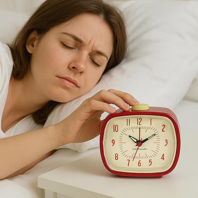 Kikkerland Retro Alarm Clock – Vintage Decor for Bedroom, Nightstand, Living Room, or Office – Battery Operated, Glow in The Dark, Decorative Analog Clock, Red