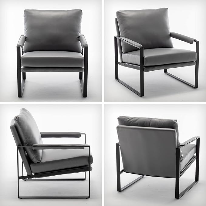 UNICOO Faux Leather Metal Frame Accent Chair - Modern Accent Chairs for Living Room, Bedroom, or Office - Armchairs Living Room Chairs Leisure Chair Reception Chair (ZKL-239K-DG Dark Grey)