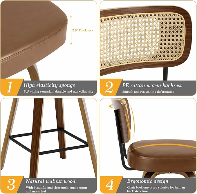 Swivel Counter Height Bar Stools Set of 4, Upholstered Faux Leather Barstools with Rattan Back, 26" Seat Height Bar Chairs for Kitchen Island, Bentwood Wood Frame, Brown