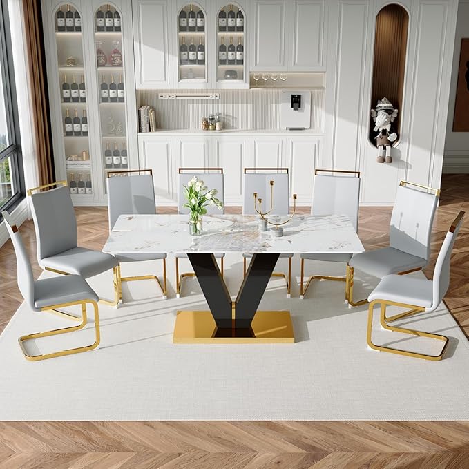 71'' Dining Table Set for 8,Marble Dining Table Set,Modern Kitchen Table with 8 PU Leather Chairs,Gold Dining Room Table Set with V-Shaped Black Glossy Pillars,Ideal for Kitchen Dining Room