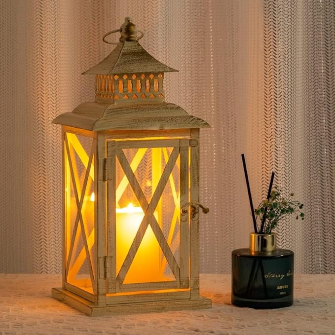 DECORKEY Lantern Decorative Indoor & Outdoor,Large Square Hanging Spring Home Decor, Vintage Metal Decorative Candle Lanterns for Outdoor Patio Wedding Party Beige with Copper Brush