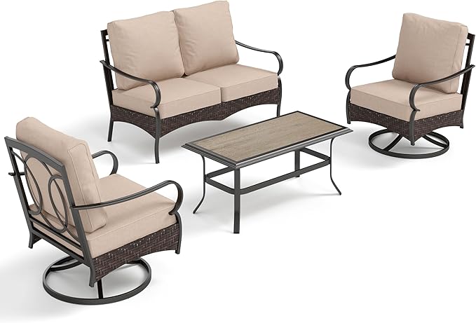 PHI VILLA Outdoor Porch Furniture Set, Upgraded Wicker&Metal Deep Seating Patio Furniture Conversation Set with Waterproof Thick Cushions for Balcony, Deck, and Yard (4 Pieces,Beige)