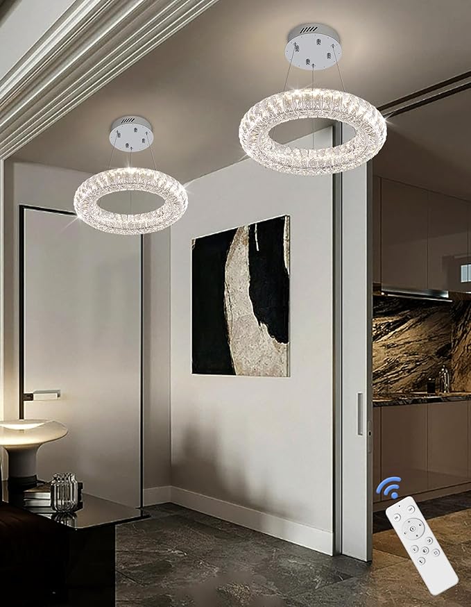 Modern Crystal Chandelier Dimmable LED 15.7" Ring Pendant Light Adjustable Round Chrome Crystal Chandelier Light Fixtures for Dining Room Living Room