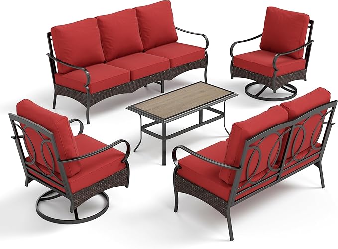 PHI VILLA Outdoor Modern Patio Furniture Set, Upgraded Wicker&Metal Patio Furniture Conversation Set with Waterproof Thick Cushions for Porch, Poolside, Deck, and Yard (5 Pieces,Red)