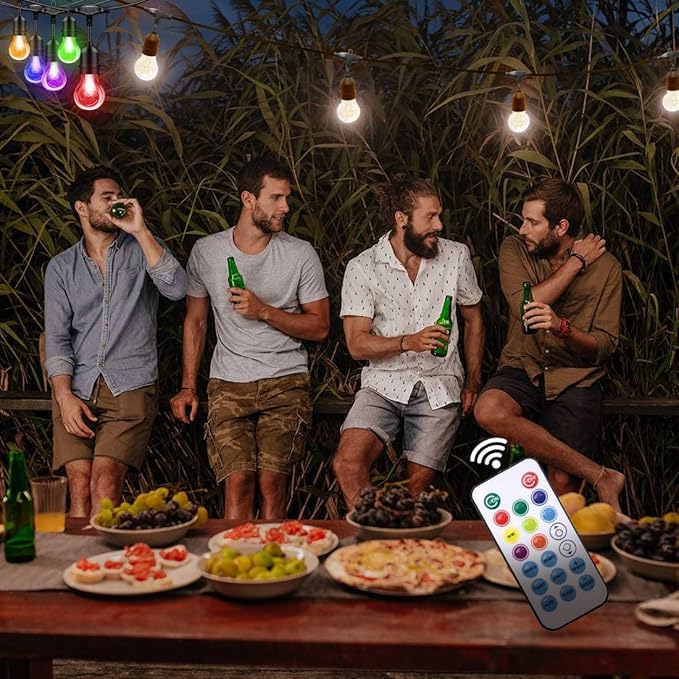 Auroraworld 144FT RGB Outdoor String Lights, Dimmable Color Changing Waterproof LED Patio Lights with Remote & E26 Shatterproof Edison Bulbs for Bistro Backyard Garden Party Decor