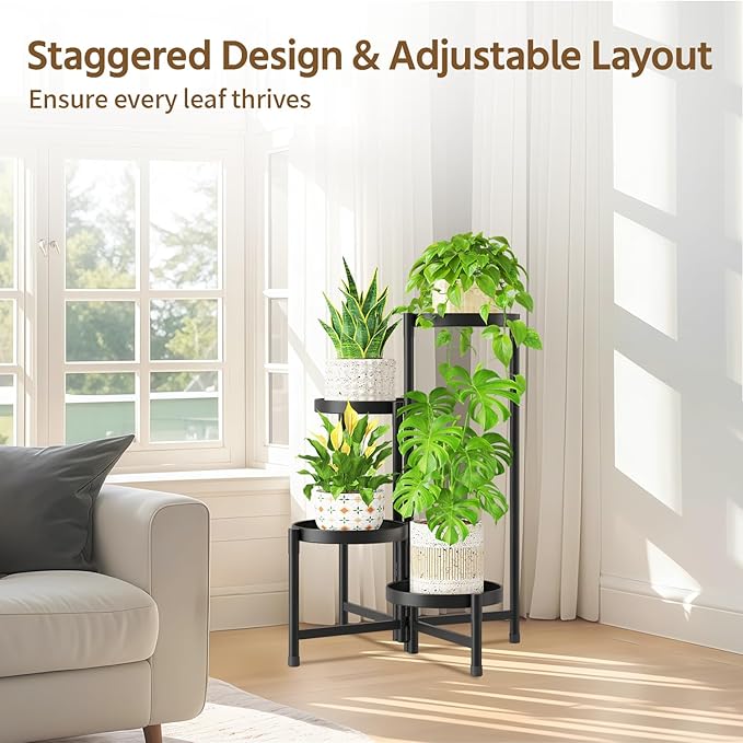 LASZOLA 4 Tiered Folding Plant Stand Indoor for Multiple Large Planter, Tall Heavy Duty Adjustable Rack with Rust Proof 10 Inch Wide Tray, Sturdy Vertical Tree Organizer for Narrow Inside Floor, Black