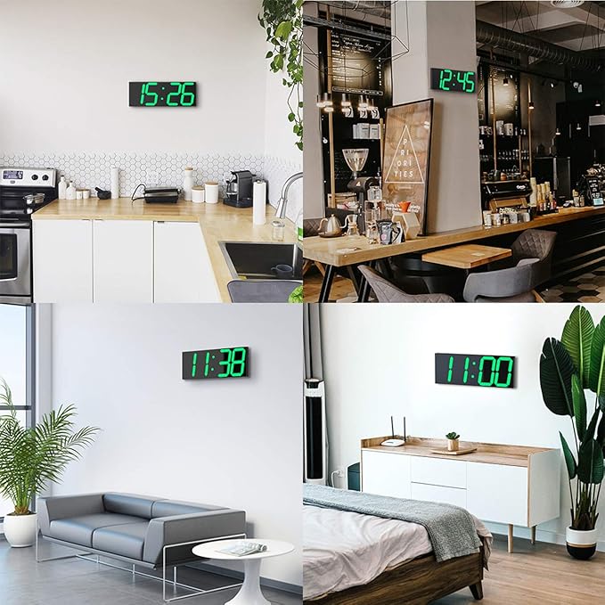 LED Large Digital Wall Clock, Oversize Wall Clock with 6” Numbers, Remote Control Count up/Countdown Timer Clock, Auto Dimmer, Big Calendar and Thermometer(Green)