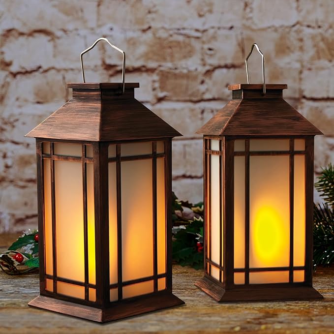 Bdor 2-Pack 13" Vintage Candle Lantern with Led Flameless Candle (6hr Timer) - IP65 Waterproof Battery Powered - Outdoor Patio Hanging Lanterns Decorative Tabletop Lanterns