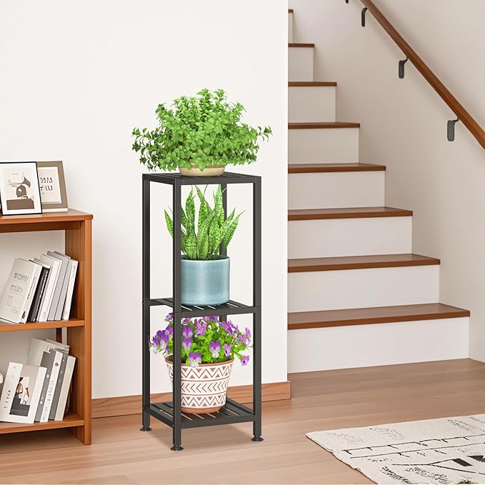 LASZOLA 3 Tier Black Metal Plant Stand Indoor Outdoor for Large Planter, Modern Heavy Duty Tall Rack for Corner House Bathroom Patio Floor, Iron Flower Shelf Holder for Orchid Fern