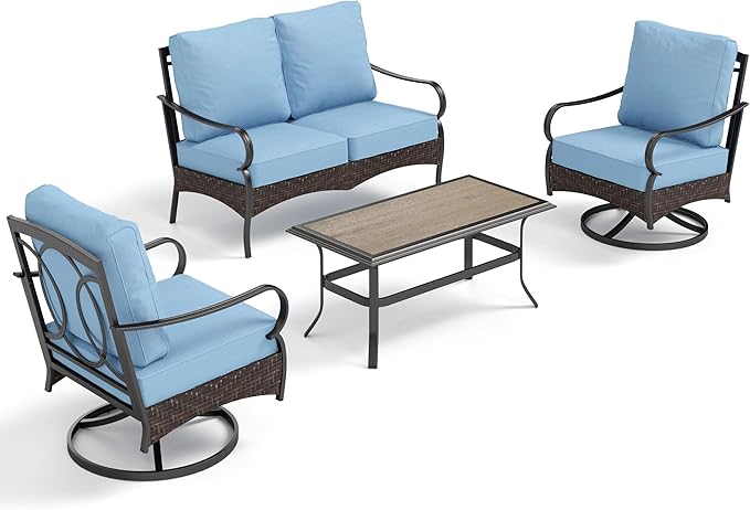PHI VILLA Outdoor Porch Furniture Set, Upgraded Wicker&Metal Deep Seating Patio Furniture Conversation Set with Waterproof Thick Cushions for Balcony, Deck, and Yard (4 Pieces,Blue)
