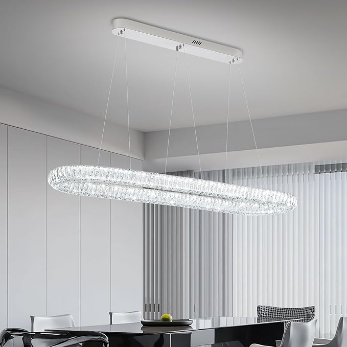 Oval Crystal Chandelier, 55'' Chrome Crystal Ring Pendant Light for Kitchen Island Modern Linear Oval Chandeliers for Dining Room Dimmable 3000K-6000K