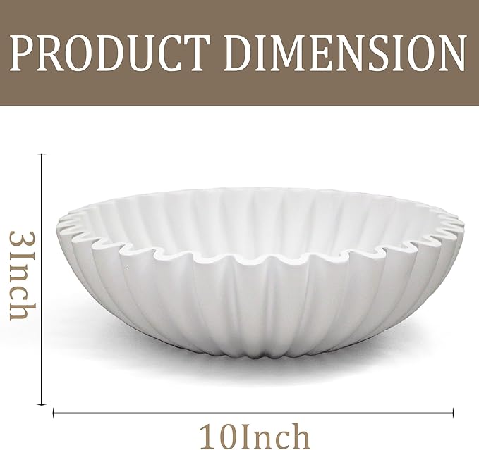 Ruffle Decorative Bowl, Large Fruit Bowl for Kitchen Counter, Stylish Key Bowl for Entry Table, Handcrafted Home Decor Display bowl, White