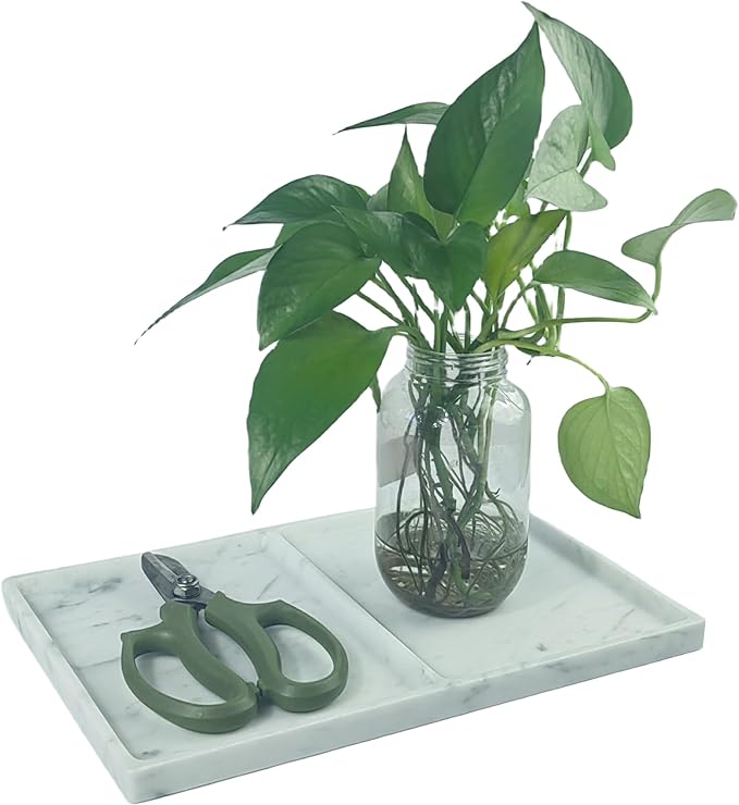 11.81"x7.87" Marble Decorative Tray with Dual Compartments – Catchall Organizer for Jewelry, Cosmetics, Soap – Polished Stone Dresser Vanity Tray for Bathroom, Entryway, Office – Calacatta White