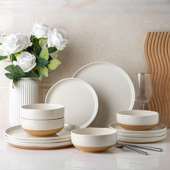 AmorArc Ceramic Dinnerware Sets for 6, 18 Pieces Handpainted Plates and Bowls Set with Rustic Terracotta Underside, Scratch Resistant Stoneware Dishes Set, Dishwasher & Microwave Safe,Light Beige