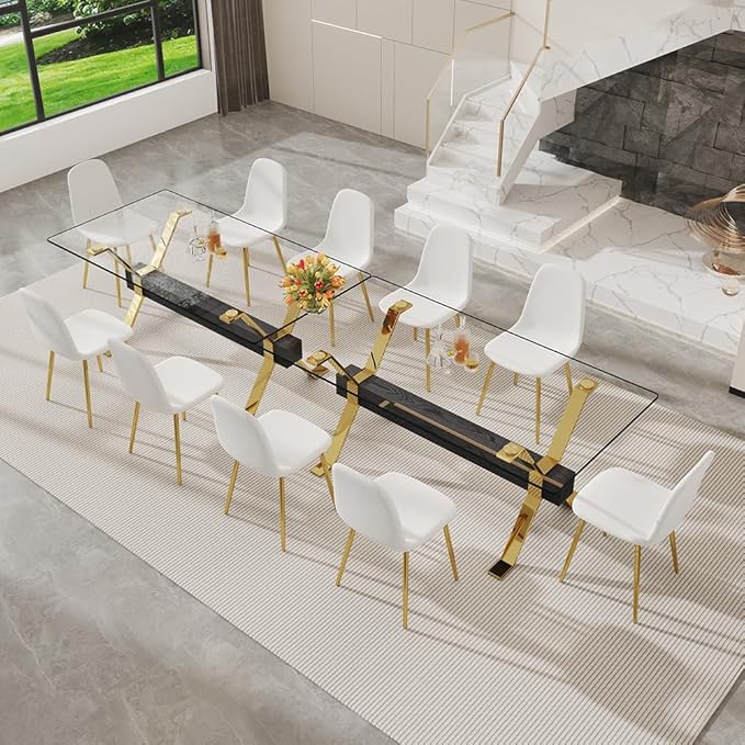 71'' Glass Dining Table Set for 8,9 Piece Dining Table Set with Open‑Frame X‑Shaped Golden Metal Base,Gold Kitchen Table and Chairs Ideal for Dining Room&Home Office