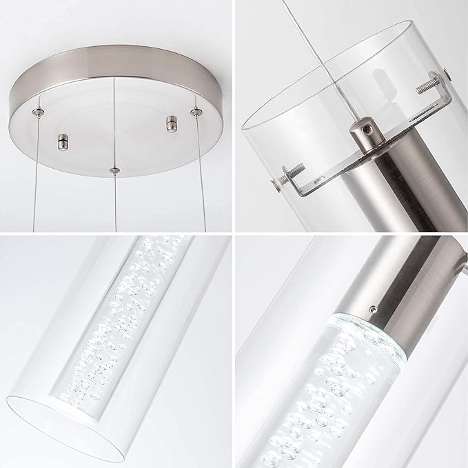 Kitchen Lighting Pendant Fixtures 3-Light LED Pendant Ceiling Fixture Brushed Nickel Bubble Cylinder Pendant Light with Adjustable Length for Kitchen Island Dinning Room Bedroom